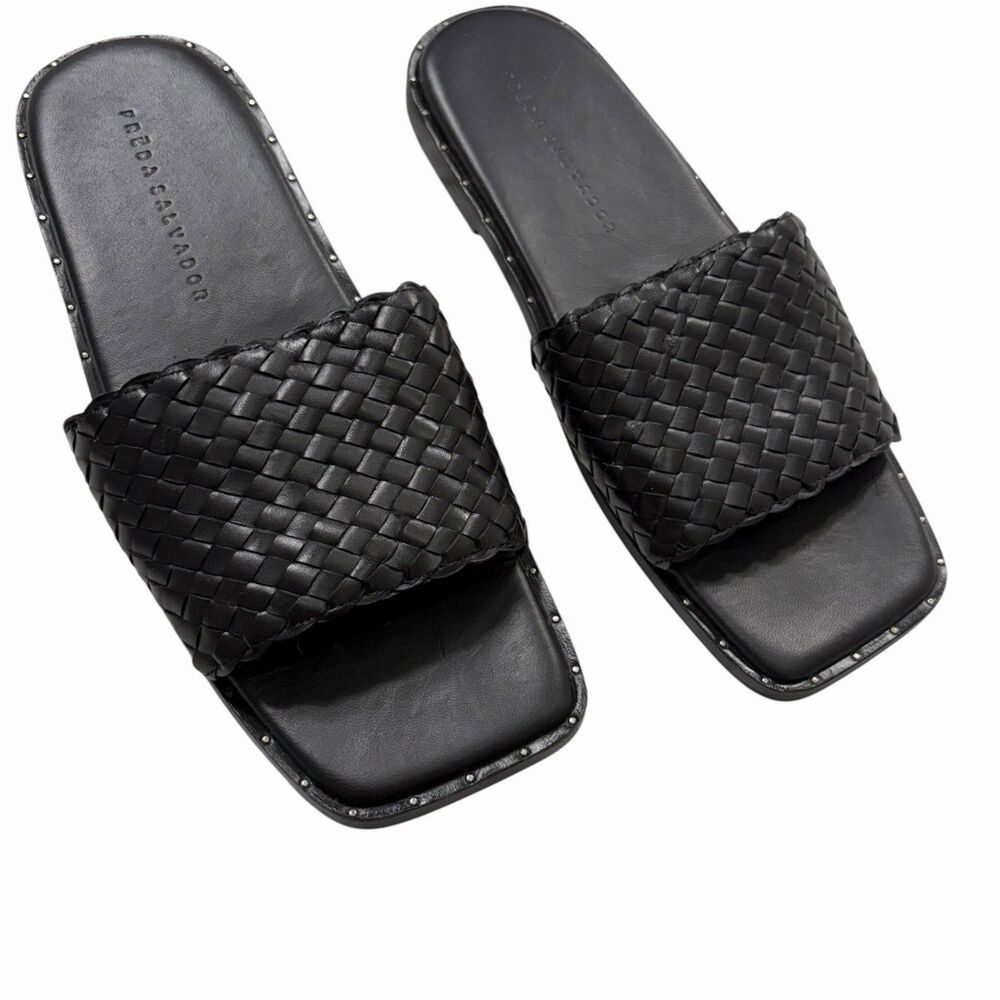 Freda Salvador 8 Black Woven Slide Sandals Open Square Toe Silver Studded $300